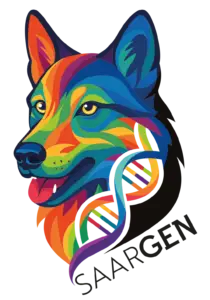 Logo SaarGen avec tête de chien-loup de Saarloos multicolore.
